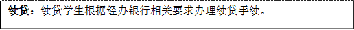 續(xù)貸：續(xù)貸學(xué)生根據(jù)經(jīng)辦銀行相關(guān)要求辦理續(xù)貸手續(xù)。